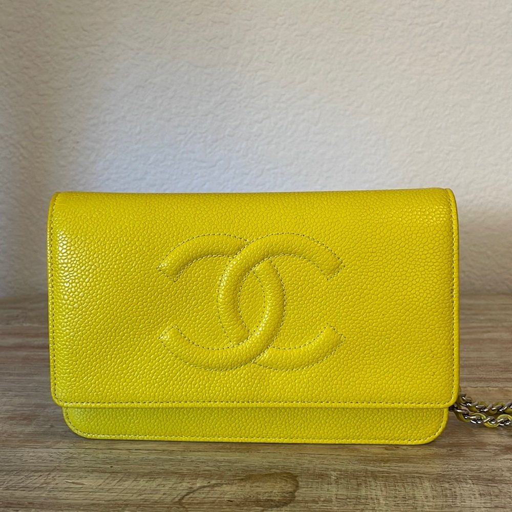 USED CHANEL 2014 Wallet on Chain (neon yellow) caviar leather.